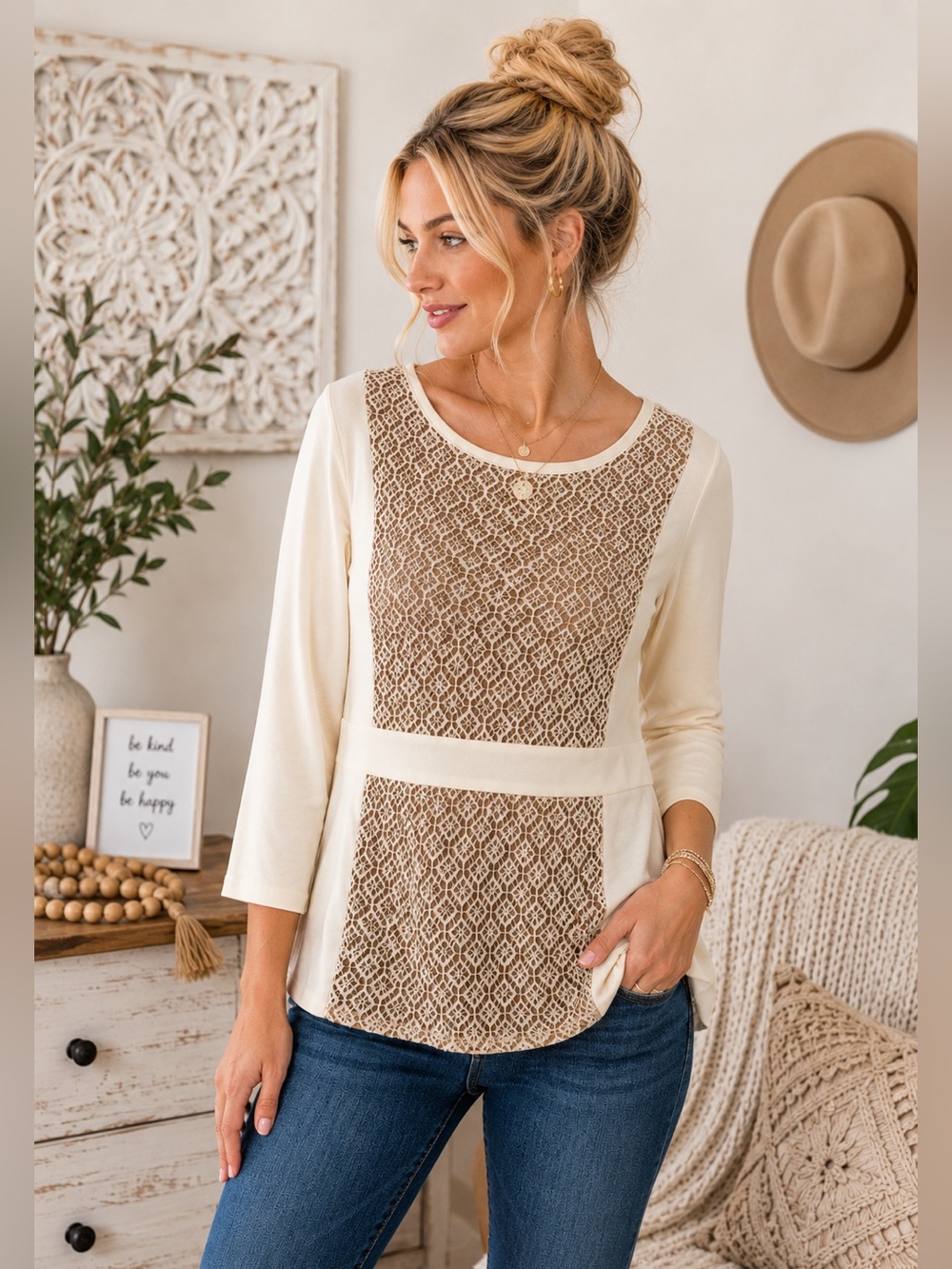 Ann Taylor Cream Lace Panel Top Medium | Feminine Mixed Media 3/4 Sleeve Blouse